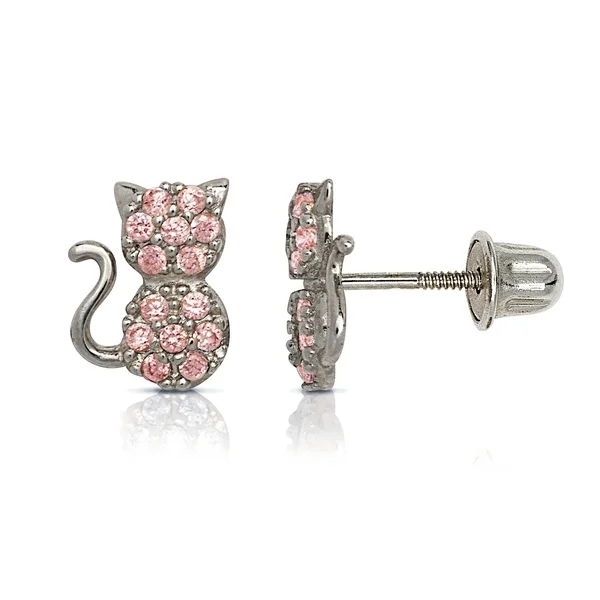 Landou Jewelry Sterling Silver Round Cubic Zirconia White, Red or Pink Sitting Cat Stud Earrings for Women and Children