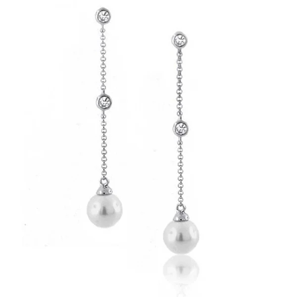 Bridal Minimalist Long Thin Linear CZ Cubic Zirconia by the Yard Inch Imitation Pearl Dangle Prom Earrings Silver Plated