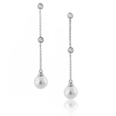 Bridal Minimalist Long Thin Linear CZ Cubic Zirconia by the Yard Inch Imitation Pearl Dangle Prom Earrings Silver Plated