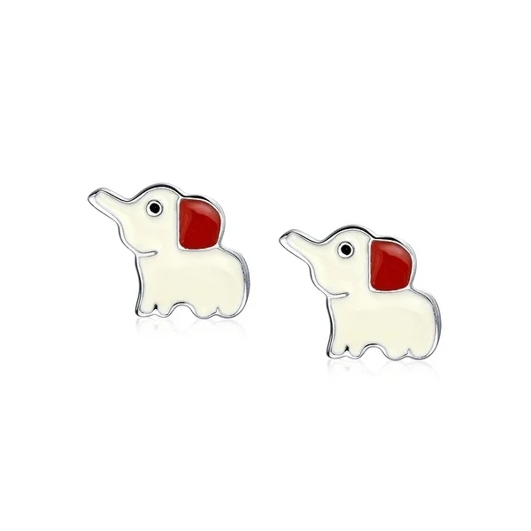 Zoo Animal Love Enamel White and Red Cartoon Lucky Elephant Stud for Teen 925 Sterling Silver
