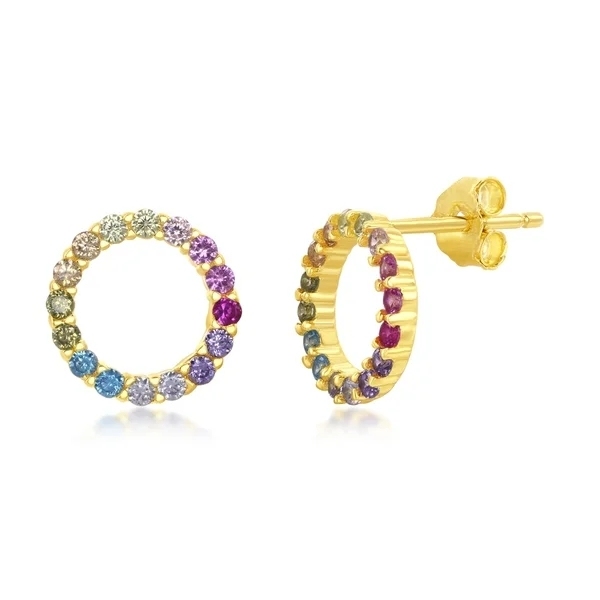 Landou Jewelry Sterling Silver, Rose Gold Plated, or Gold Plated Rainbow CZ Open Circle Stud Earrings