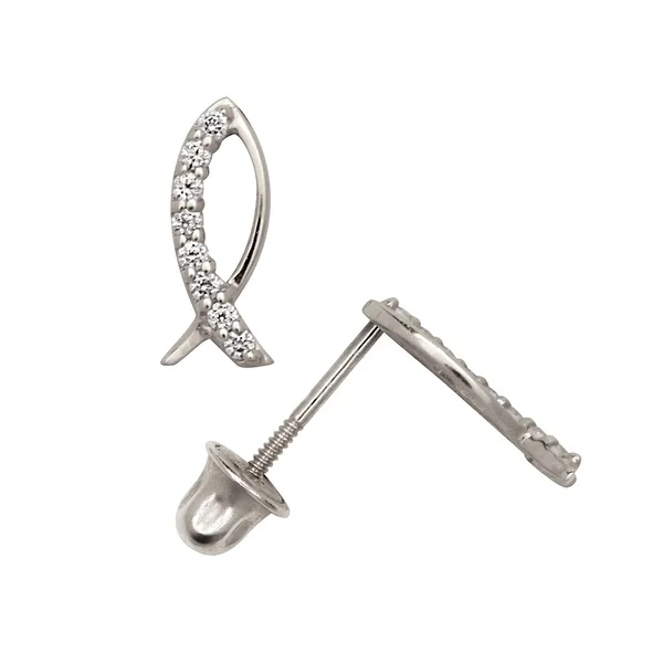 Landou Jewelry Round Cubic Zirconia Christian Jesus Fish Ichtys Stud Earrings