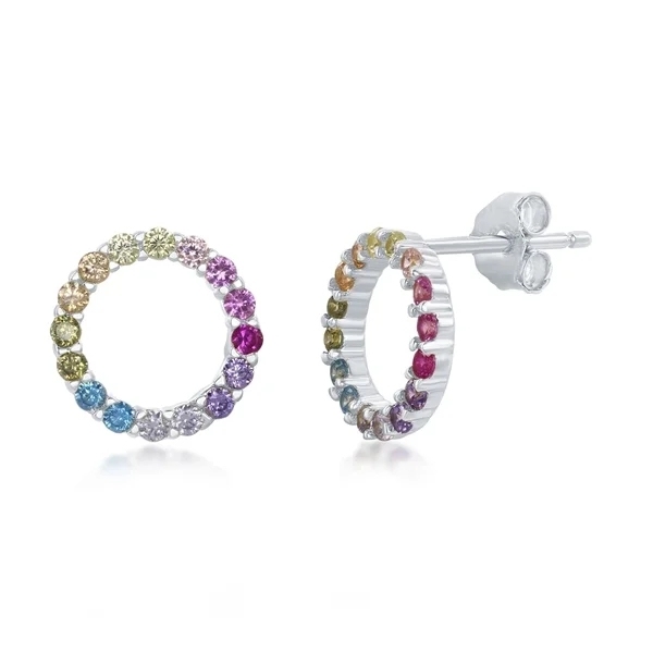 Landou Jewelry Sterling Silver, Rose Gold Plated, or Gold Plated Rainbow CZ Open Circle Stud Earrings