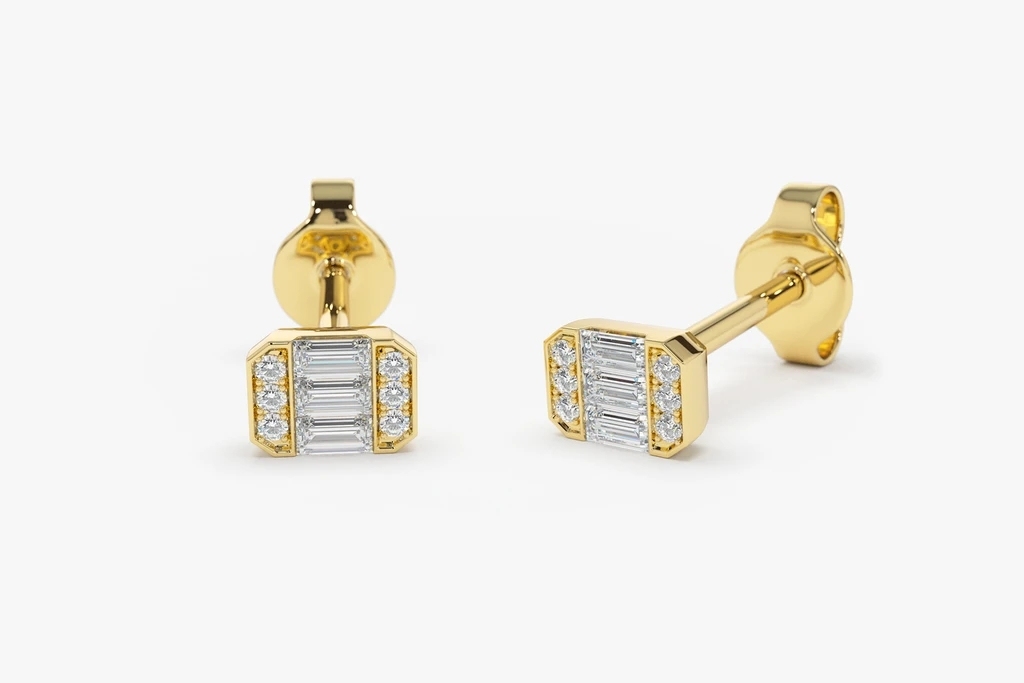 Landou Jewelry 14K Gold Plated Tiny Baguette CZ Stud Earring for Girl 925 Sterling Silver