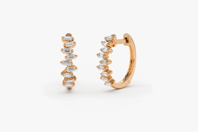 Landou Jewelry 14K Gold Plated Horizontal Set Mini Baguette Cubic Zirconia Huggie Earrings for Women