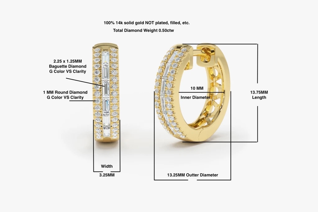 Landou Jewelry 14K Gold Pave Cubic Zirconia and Baguette Hoop Earrings 925 Sterling Silver