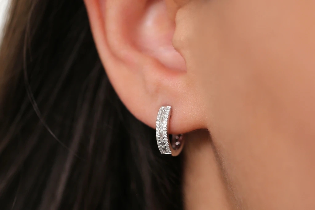 Landou Jewelry 14K Gold Pave Cubic Zirconia and Baguette Hoop Earrings 925 Sterling Silver