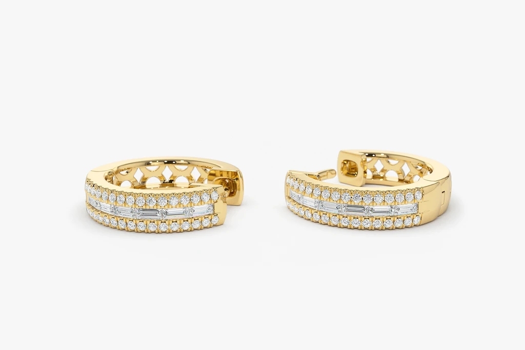 Landou Jewelry 14K Gold Pave Cubic Zirconia and Baguette Hoop Earrings 925 Sterling Silver