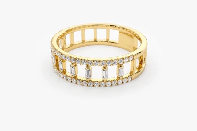 Landou Jewelry 925 Sterling Silver 14K Gold Plated Double Row Micro Pave CZ Ring with Baguette Cubic Zirconia