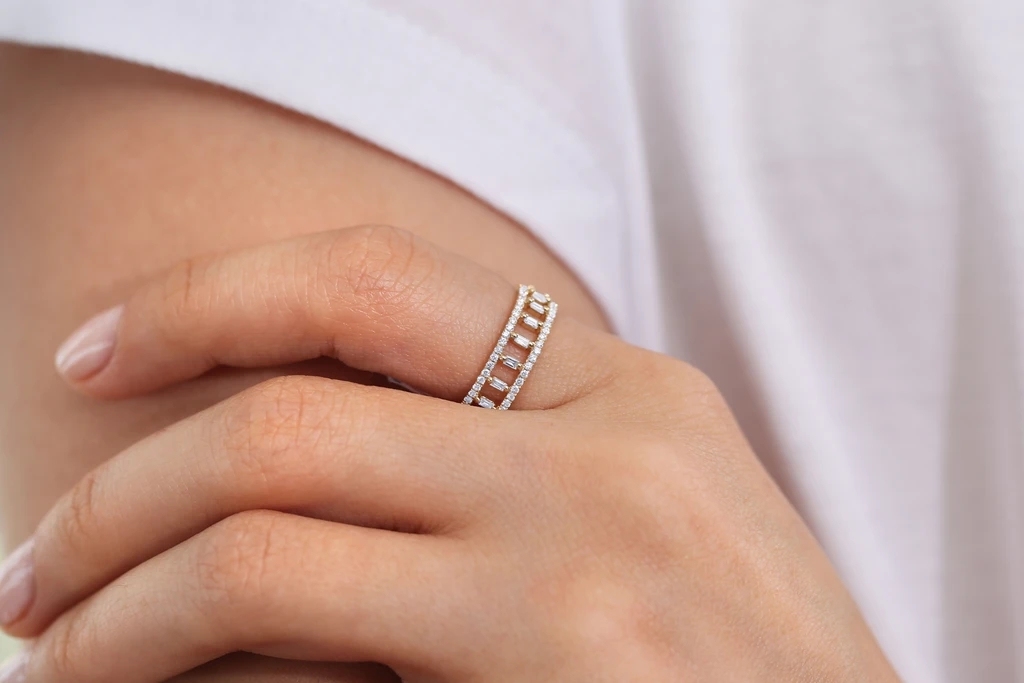 Landou Jewelry 925 Sterling Silver 14K Gold Plated Double Row Micro Pave CZ Ring with Baguette Cubic Zirconia