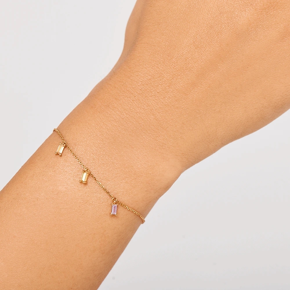 Landou Jewelry 14K Gold Plated Baguette Multicolor Cubic Zirconia Bracelet 925 Sterling Silver