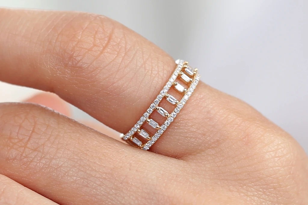 Landou Jewelry 925 Sterling Silver 14K Gold Plated Double Row Micro Pave CZ Ring with Baguette Cubic Zirconia
