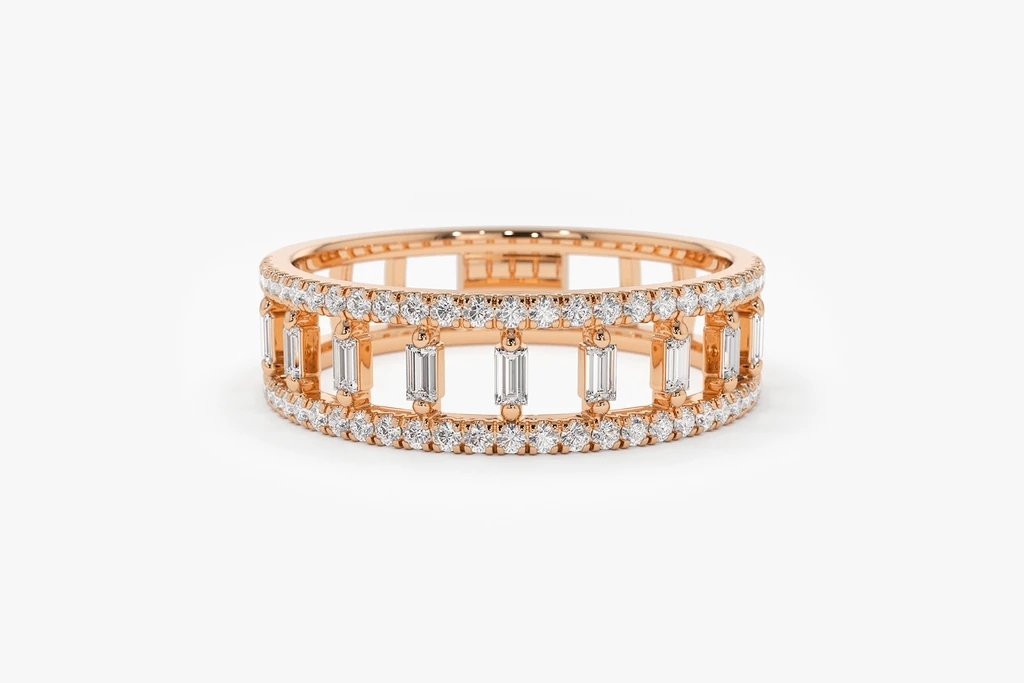 Landou Jewelry 925 Sterling Silver 14K Gold Plated Double Row Micro Pave CZ Ring with Baguette Cubic Zirconia