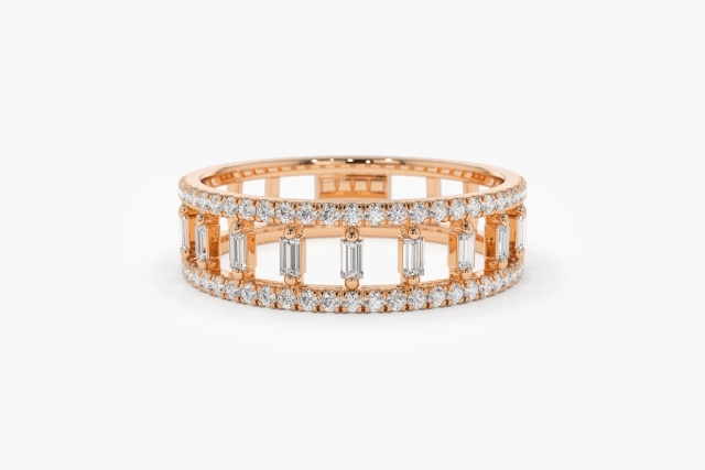Landou Jewelry 925 Sterling Silver 14K Gold Plated Double Row Micro Pave CZ Ring with Baguette Cubic Zirconia