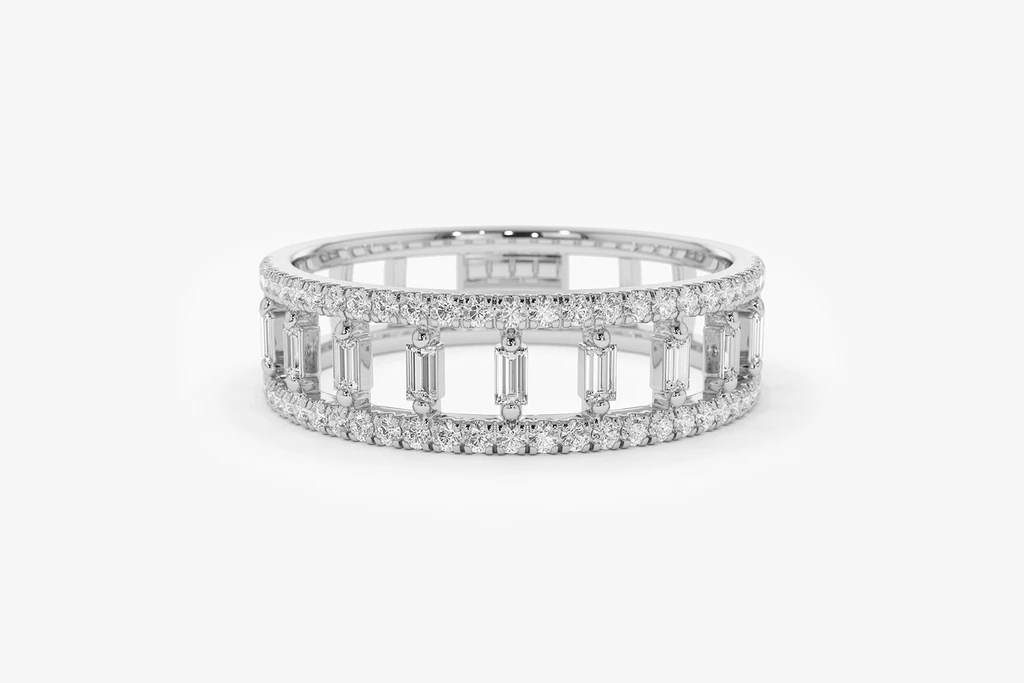 Landou Jewelry 925 Sterling Silver 14K Gold Plated Double Row Micro Pave CZ Ring with Baguette Cubic Zirconia
