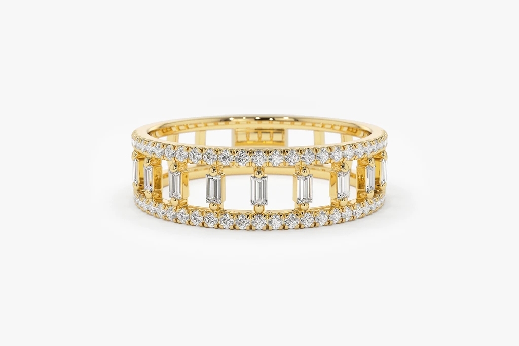 Landou Jewelry 925 Sterling Silver 14K Gold Plated Double Row Micro Pave CZ Ring with Baguette Cubic Zirconia