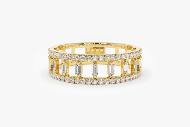 Landou Jewelry 925 Sterling Silver 14K Gold Plated Double Row Micro Pave CZ Ring with Baguette Cubic Zirconia