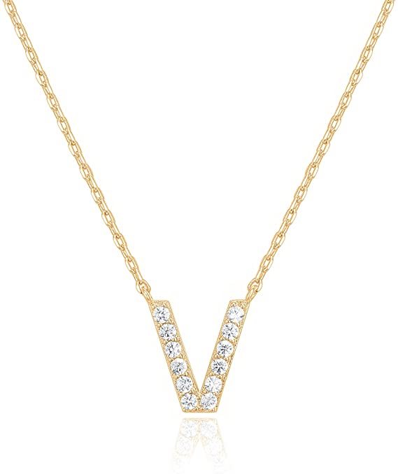 Landou Jewelry 925 Sterling Silver 18K Gold Plated Cubic Zirconia Letter V Necklace