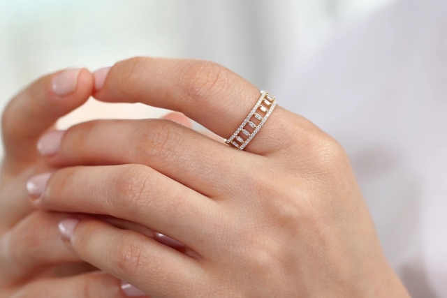 Landou Jewelry 925 Sterling Silver 14K Gold Plated Double Row Micro Pave CZ Ring with Baguette Cubic Zirconia