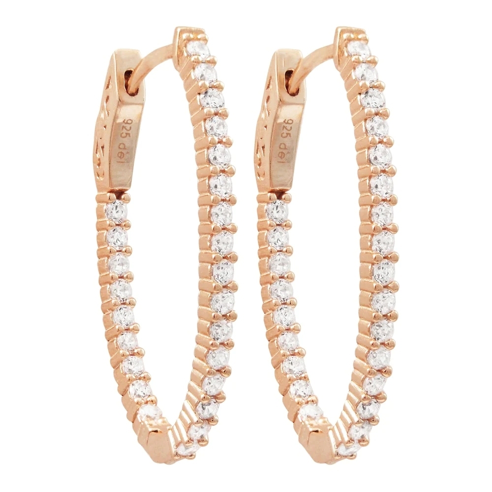 Landou Jewelry 925 Sterling Silver Rose Gold Finish Cubic Zirconia 30x20mm Oval Endless Hoop Earrings
