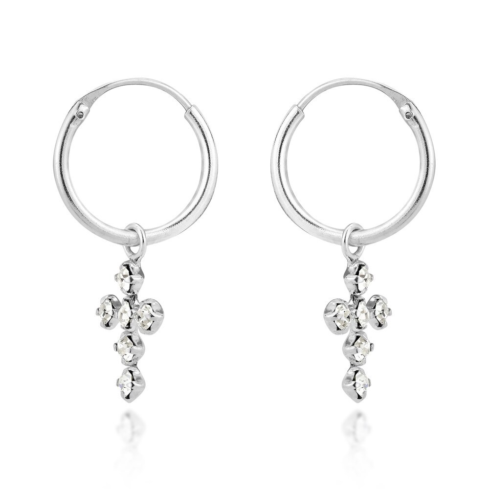 Landou Jewelry Handmade Gothic Cross Clear Cubic Zirconia Sterling Silver Hoop Dangle Earrings