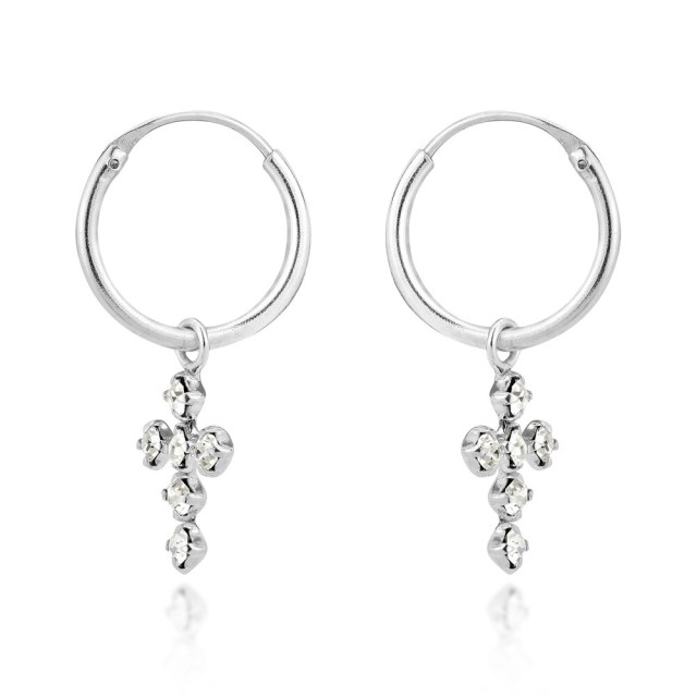 Landou Jewelry Handmade Gothic Cross Clear Cubic Zirconia Sterling Silver Hoop Dangle Earrings