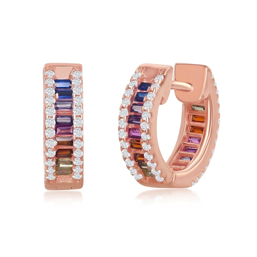 Landou Jewelry 925 Sterling Silver Rose Gold Plated Rainbow CZ Small Huggie Hoop Earrings