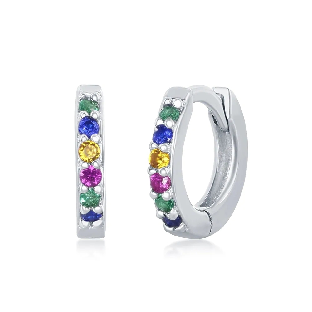 Landou Jewelry 925 Sterling Silver Gold Plated Rainbow CZ Small Huggie Hoop Earrings 10mm