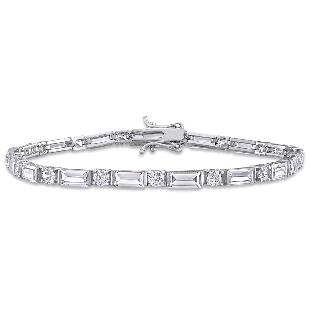 Landou Jewelry 925 Sterling Silver Baguette and Round-cut Cubic Zirconia Tennis Bracelet