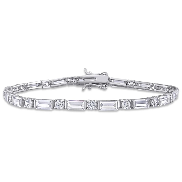 Landou Jewelry 925 Sterling Silver Baguette and Round-cut Cubic Zirconia Tennis Bracelet