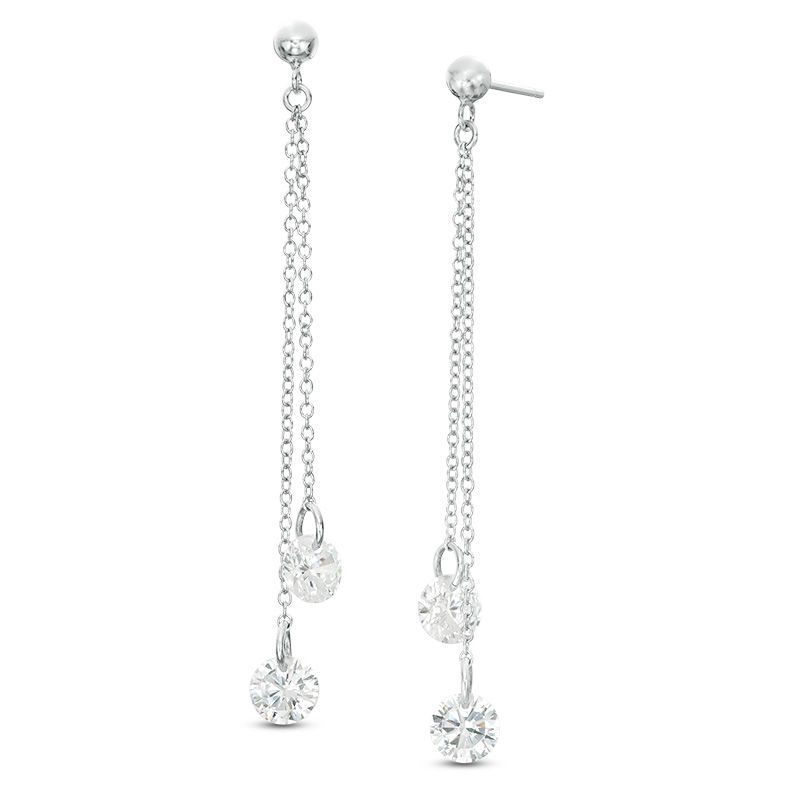 6mm Cubic Zirconia Asymmetrical Double Chain Drop Earrings in Sterling Silver
