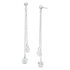 6mm Cubic Zirconia Asymmetrical Double Chain Drop Earrings in Sterling Silver