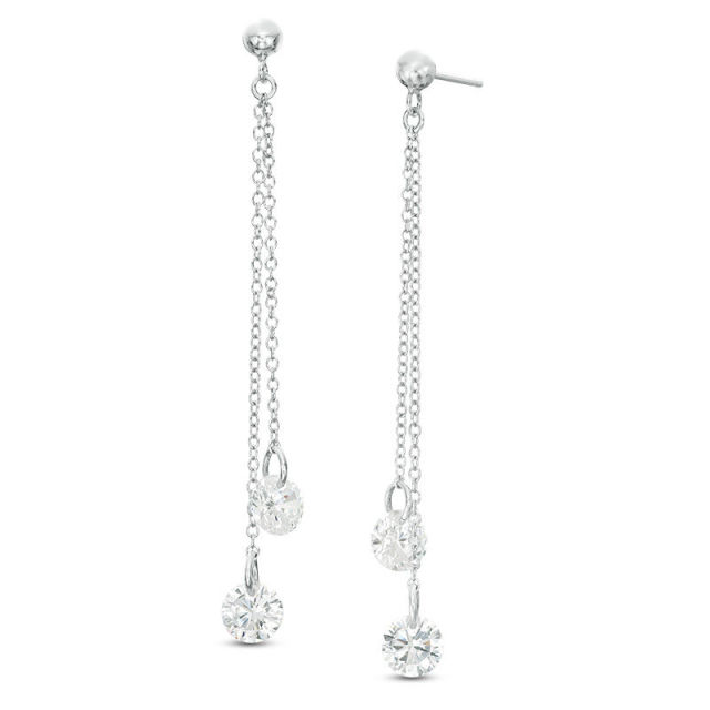 6mm Cubic Zirconia Asymmetrical Double Chain Drop Earrings in Sterling Silver