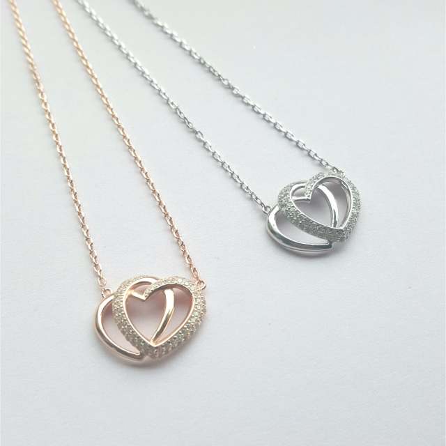 Landou Jewelry 925 Sterling Silver Rose Gold Plated Cubic Zirconia Double Heart Necklace