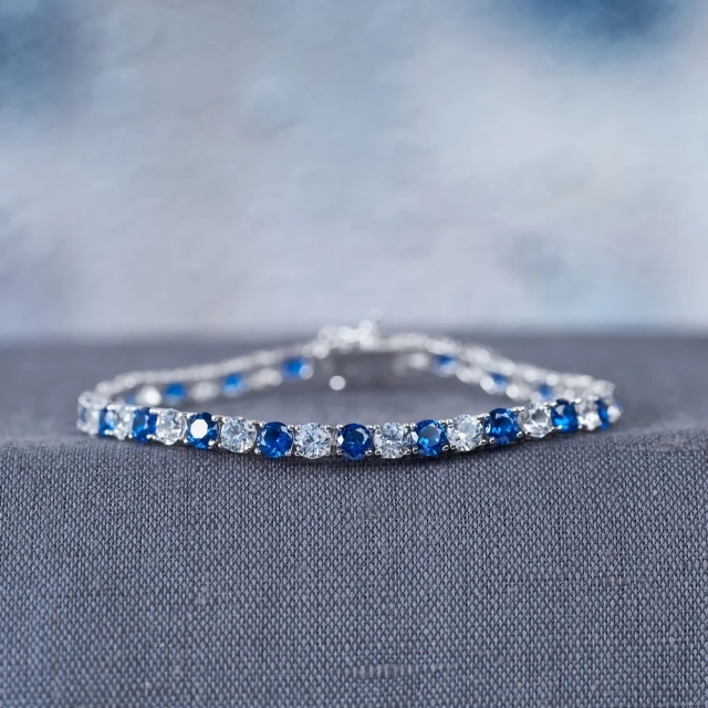 Landou Jewelry 925 Sterling Silver Created Blue and White Sapphire Patterned Birthstone Tennis Bracelet -7.25 in x 4.3mm x 2.7mm