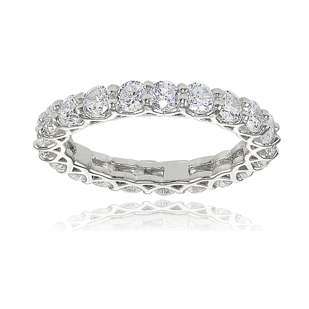 Landou Jewelry Sterling Silver White Cubic Zirconia 3mm Round-cut Eternity Band Ring