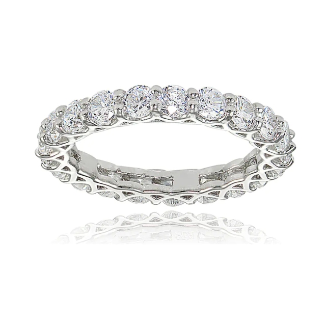 Landou Jewelry Sterling Silver White Cubic Zirconia 3mm Round-cut Eternity Band Ring