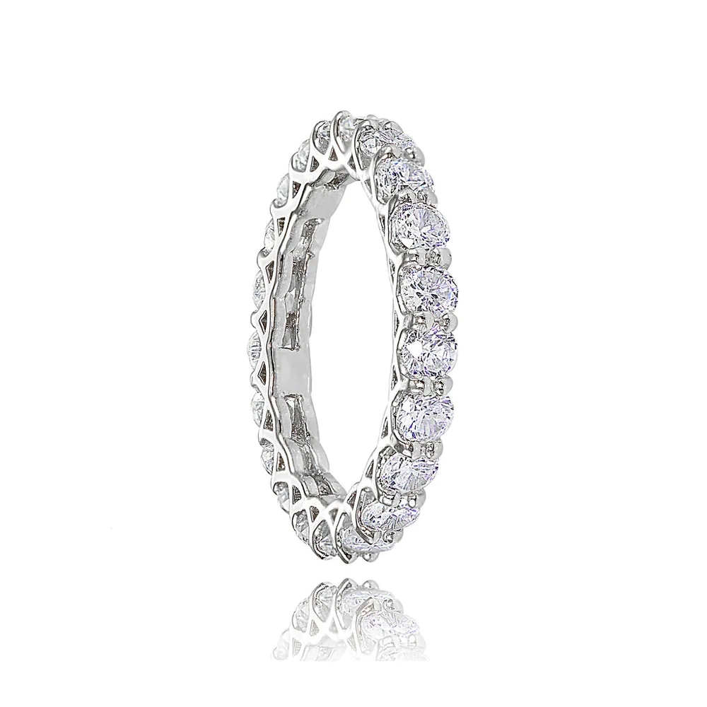 Landou Jewelry Sterling Silver White Cubic Zirconia 3mm Round-cut Eternity Band Ring