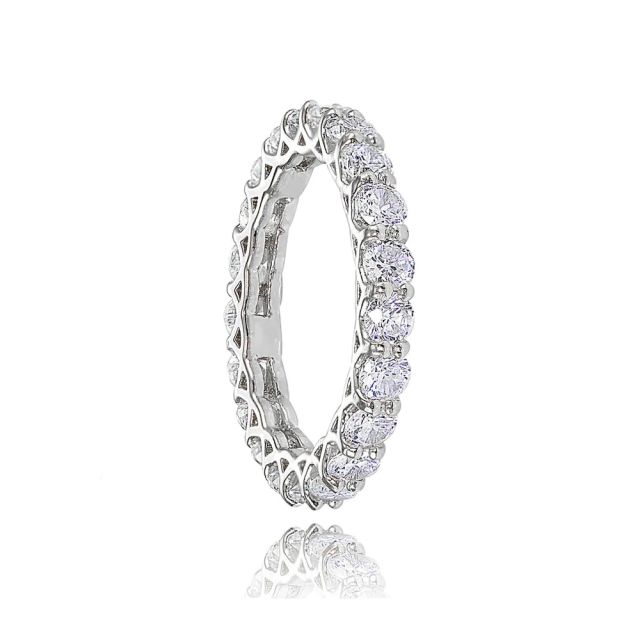 Landou Jewelry Sterling Silver White Cubic Zirconia 3mm Round-cut Eternity Band Ring