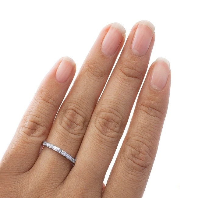 Landou Jewelry Sterling Silver Baguette and Round Cubic Zirconia Semi Eternity Band Ring