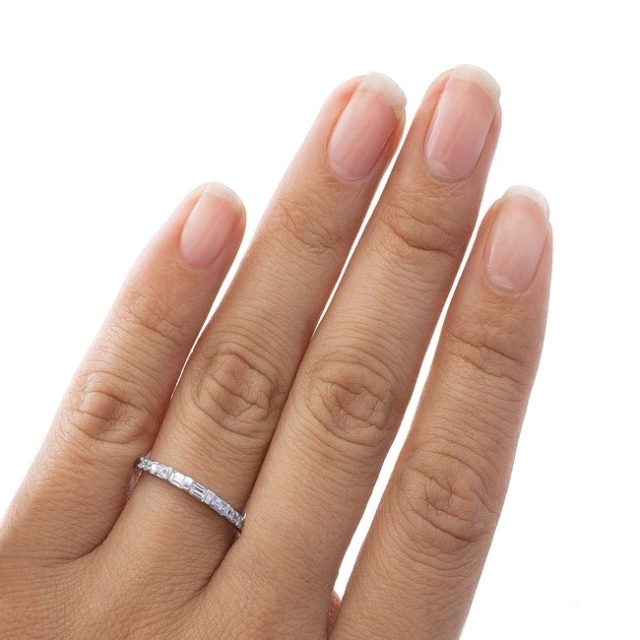 Landou Jewelry Sterling Silver Baguette and Round Cubic Zirconia Semi Eternity Band Ring