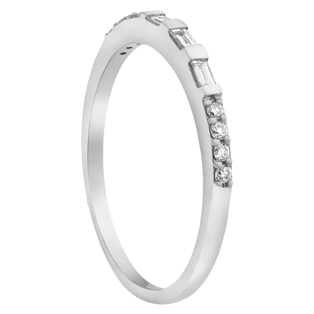 Landou Jewelry Sterling Silver Baguette and Round Cubic Zirconia Semi Eternity Band Ring