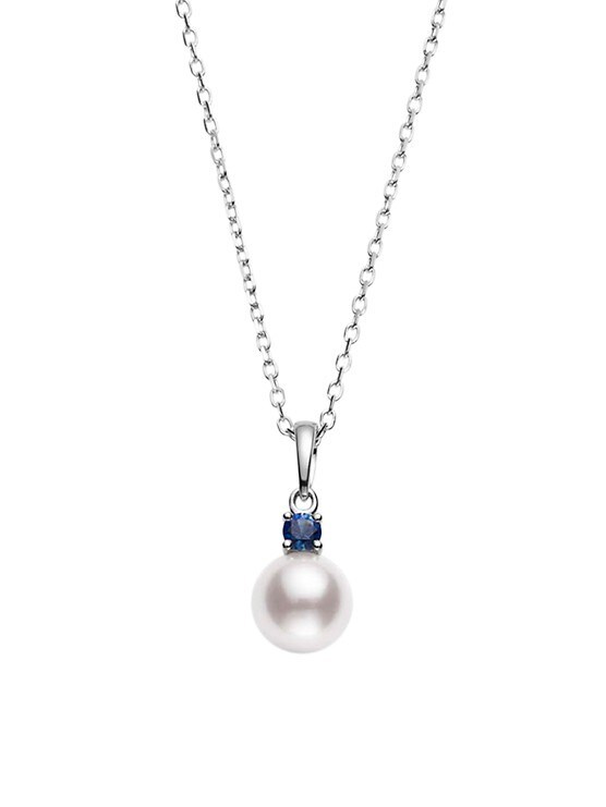 Landou Jewelry 18K White Gold, 7.5mm Round Akoya AAA Pearl & Blue Sapphire Pendant Necklace