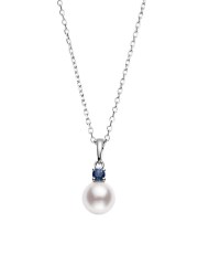 Landou Jewelry 18K White Gold, 7.5mm Round Akoya AAA Pearl & Blue Sapphire Pendant Necklace