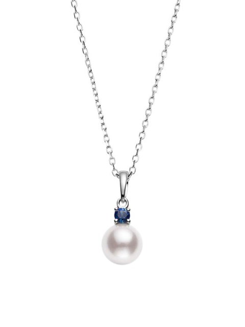 Landou Jewelry 18K White Gold, 7.5mm Round Akoya AAA Pearl & Blue Sapphire Pendant Necklace