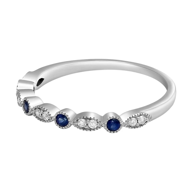 White Gold Blue Sapphires and Cubic Zirconia Vintage Band Ring by Landou Jewelry