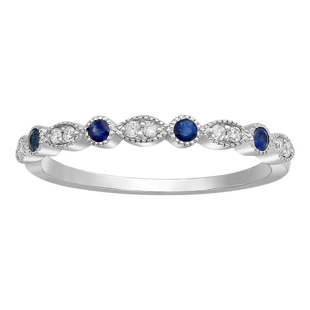 White Gold Blue Sapphires and Cubic Zirconia Vintage Band Ring by Landou Jewelry