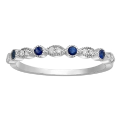 White Gold Blue Sapphires and Cubic Zirconia Vintage Band Ring by Landou Jewelry
