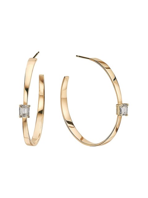 14K Yellow Gold & Emerald-Cut Fake Diamond Graduated Hoop Earrings in 925 Silver