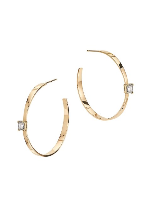 14K Yellow Gold & Emerald-Cut Fake Diamond Graduated Hoop Earrings in 925 Silver